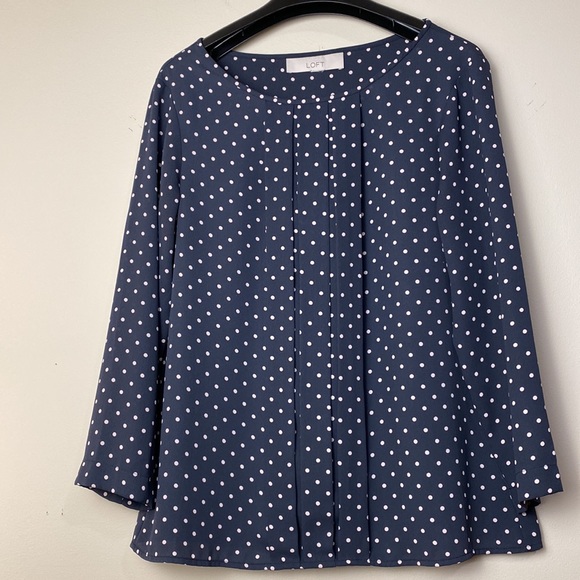 Loft Pleated Blouse - Navy Blue with White Polka Dots - Picture 2 of 3